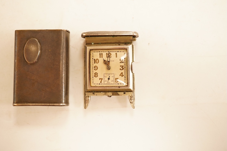 A 1930's/1940's silver plated Longines travelling watch, with Roman dial and subsidiary seconds, a.f. 44mm.
